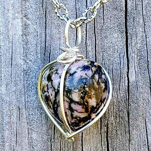 Rhodonite Crystal Heart Pendant Necklace, Gemstone Dainty 16"
